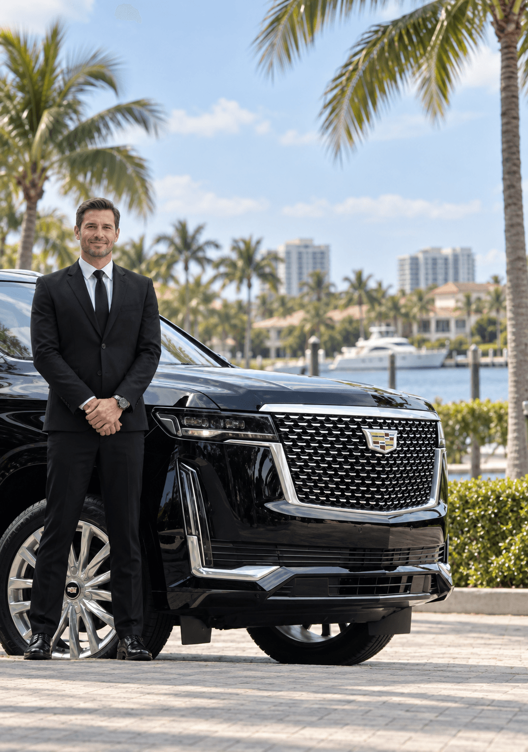 Professional Miami Bliss chauffeur in formal attire ready for client pickup