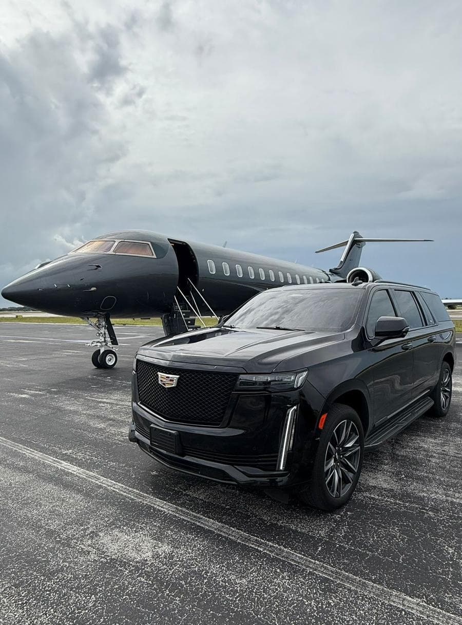 Miami Bliss Cadillac Escalade ESV at FBO private terminal ready for client pickup
