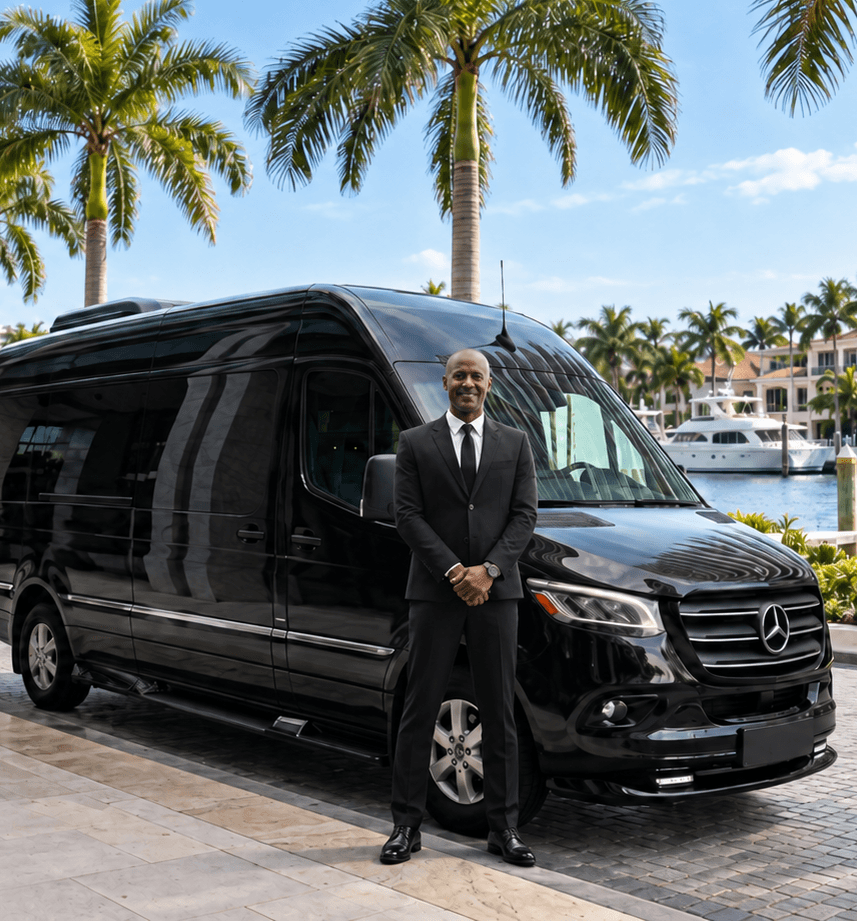 Miami Bliss professional chauffeur beside a Mercedes-Benz Sprinter, ready for group client pickup