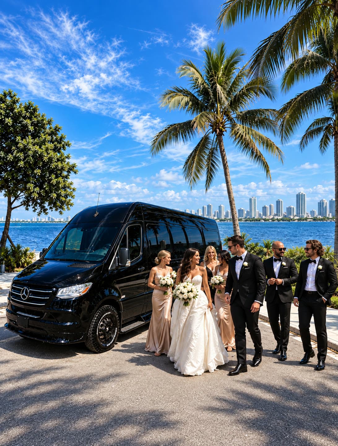 A wedding party walking to a black Sprinter van with Biscayne Bay behind them